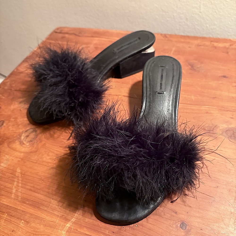 🥀 Alexander Wang ‘Lou’ Black Marabou Feather Slipper Heels size 36.5 🥀